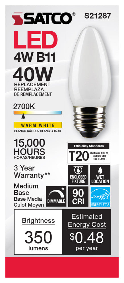 4W B11 LED, Frost, Medium Base, 90 CRI, 2700K, 120V