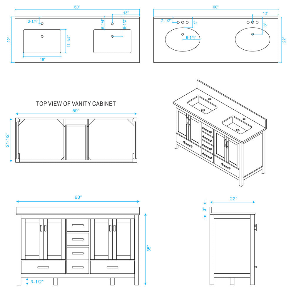 Wyndham WCS141460DGYCMUNSMXX 60" Vanity in Gray + Carrera Marble and Square Sin