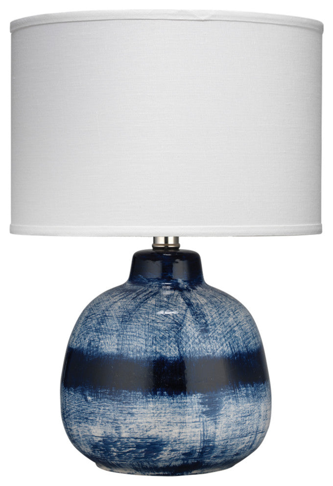 Small Batik Table Lamp, Indigo Ceramic, Drum Shade, White