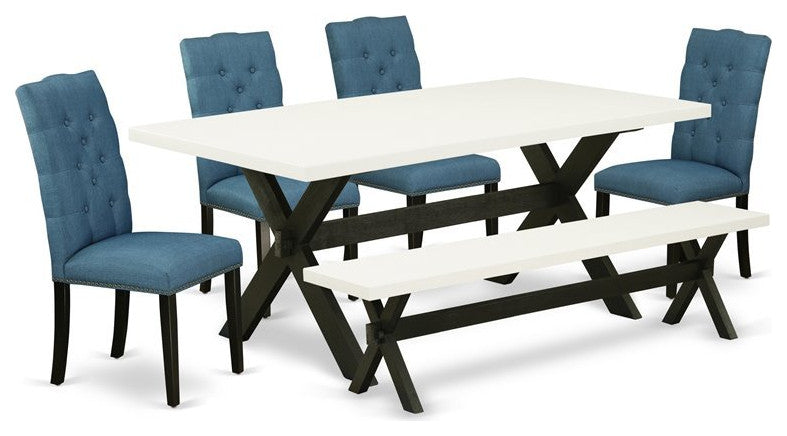 6-Piece Set Linen White, Table and Linen White, Bench and 4 Chairs, Black