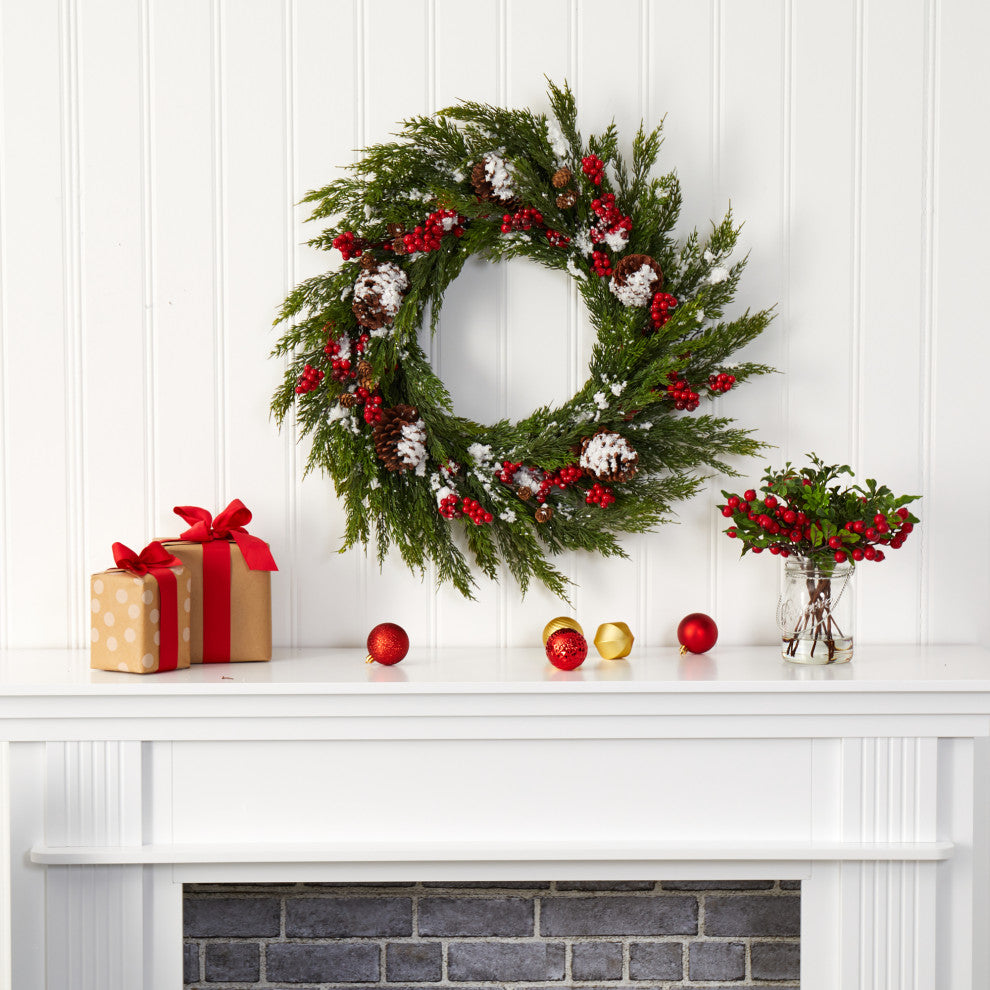 28" Frosted Cypress With Berries and Pine Cones Artificial Wreath
