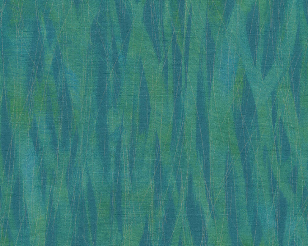 Botanical and Jungle Textured Wallpaper, Grass, Blue Gold Green Metallic, Sample