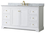 60" Single Bath Vanity, White, White Carrara Countertop, Sink, Gold Trim