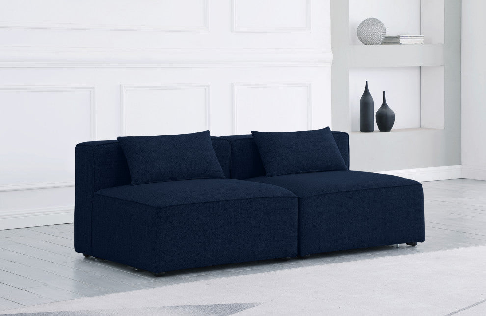 Cube Upholstered Modular Sofa, Navy, 2-Piece: 2 Armless Chair, Linen Texured Fabric