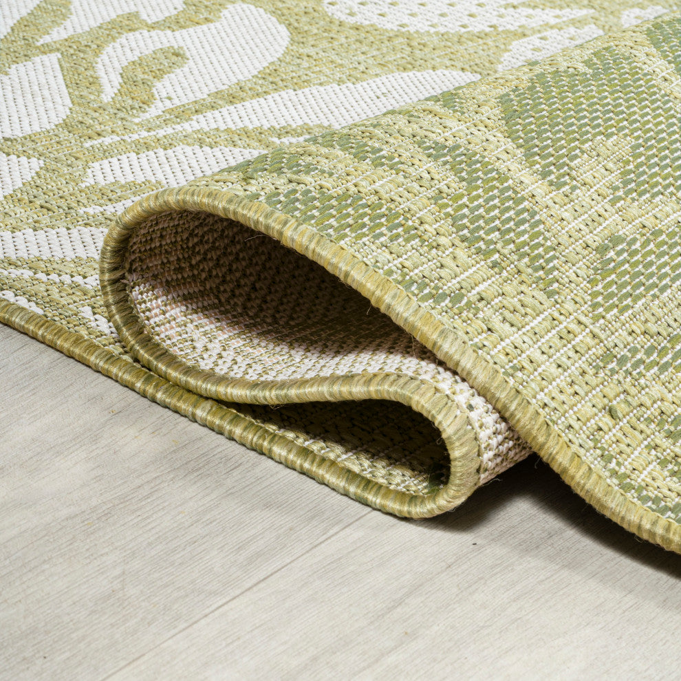 Zinnia Modern Floral Textured Weave Indoor/Outdoor, Green/Cream, 5' Square