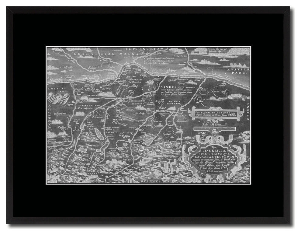 Germany Bavaria Monochrome Map Print On Canvas With Black Frame, 16" X 21"