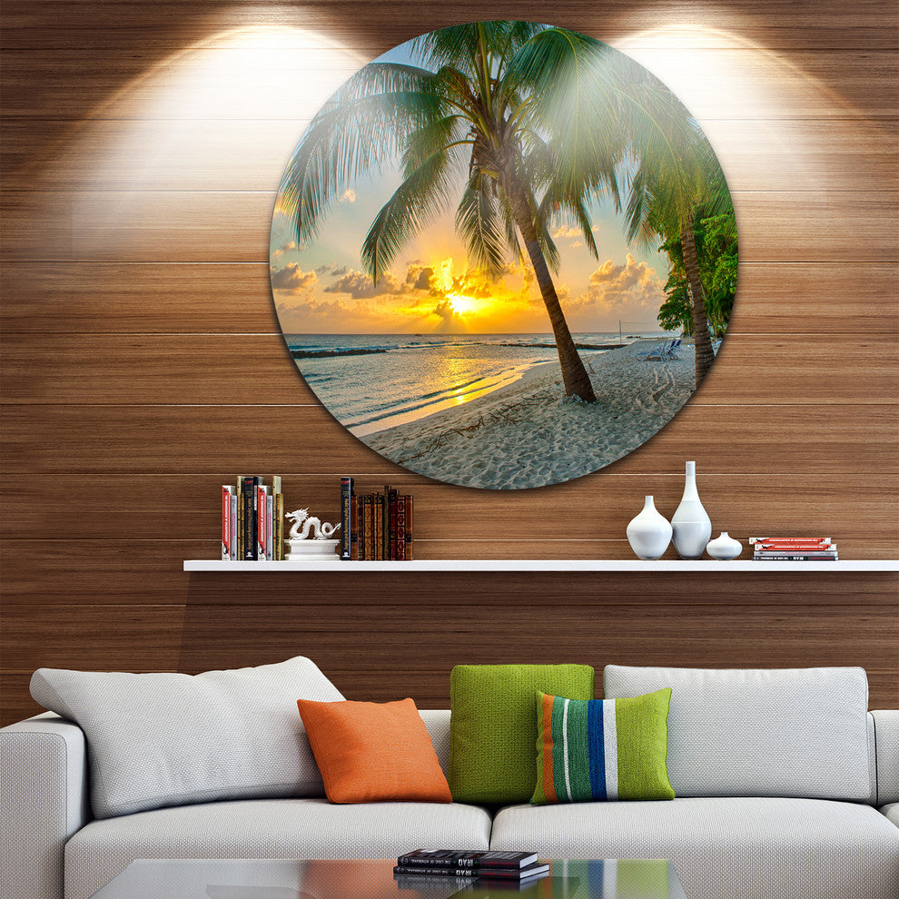 Beach In Caribbean Island Of Barbados, Seascape Disc Metal Artwork, 11"