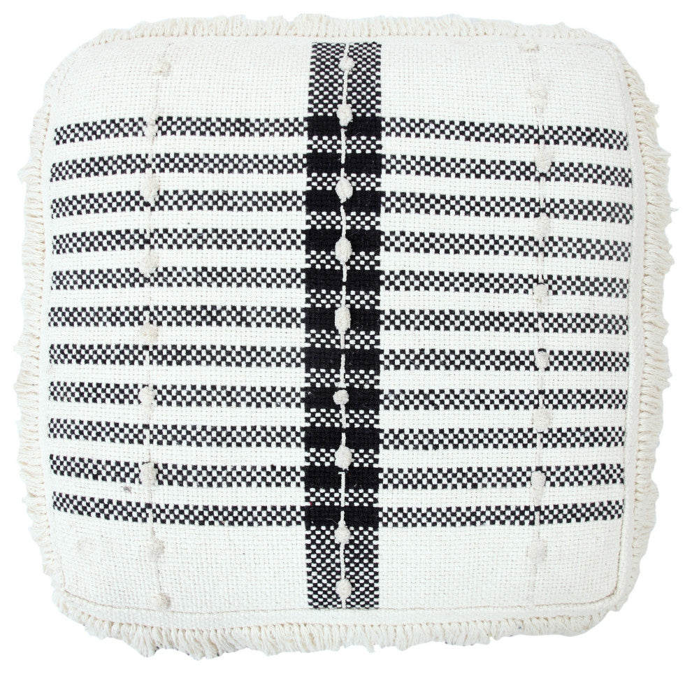 Black and Ivory Farmhouse Chic Shag Stripe Pouf Ottoman
