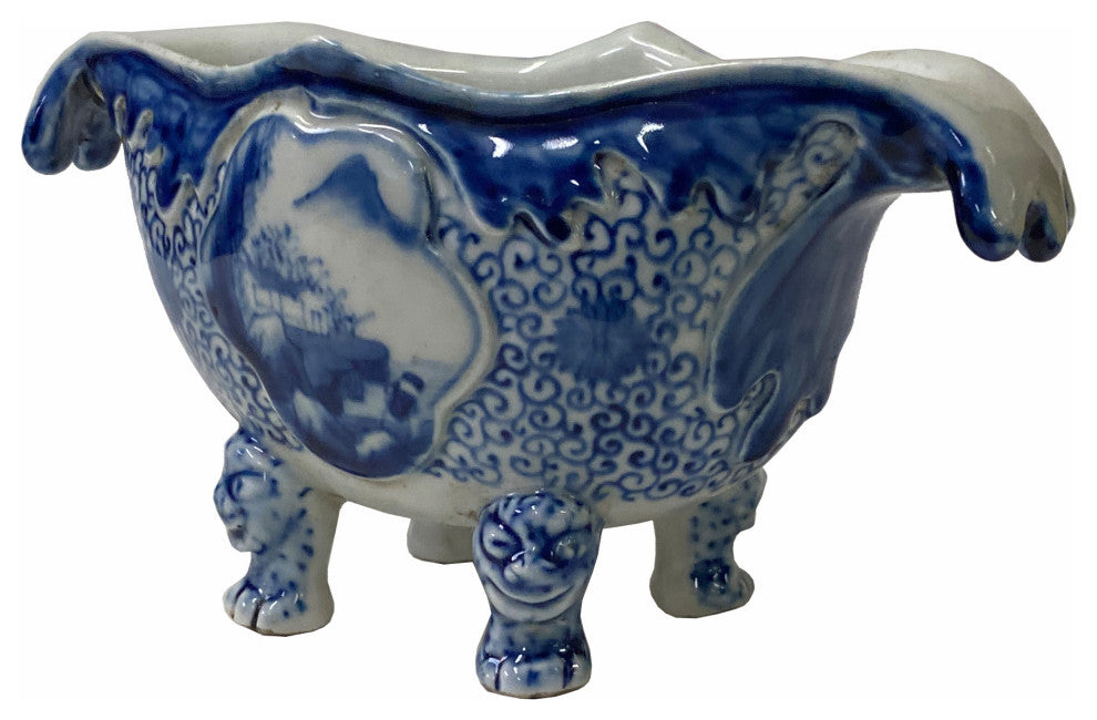 Chinese Oriental Blue Off White Porcelain Graphic Container Planter Hws1793