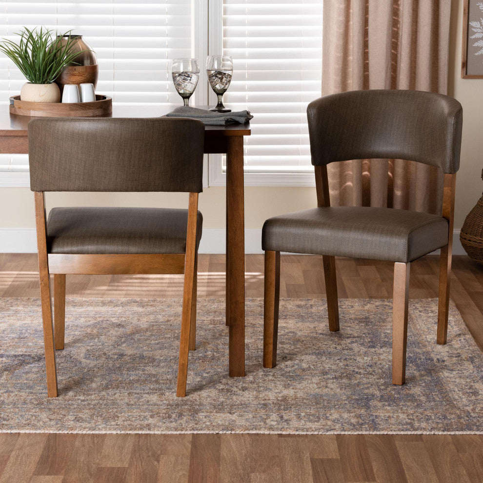 Montreal Mid-Century Dark Walnut Wood Gray Faux Leather Dining Chairs, Set of 2