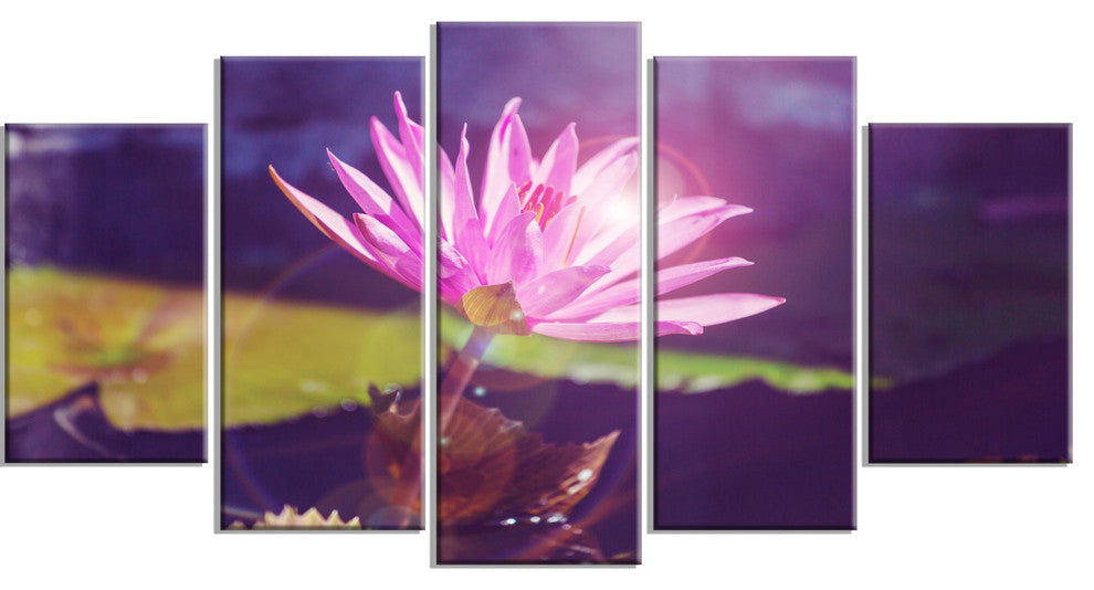 Pink Lotus Flower on Blue Background, Floral Canvas Art Print, 60"x32", 5 Panels