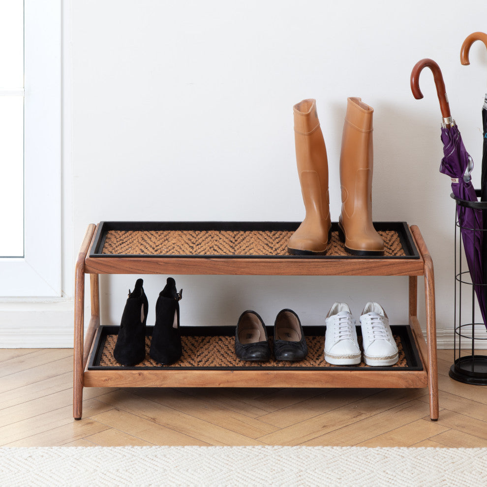 Double-Tier Natural Stand With 3-Pair Rubber Boot Trays Irish Lion