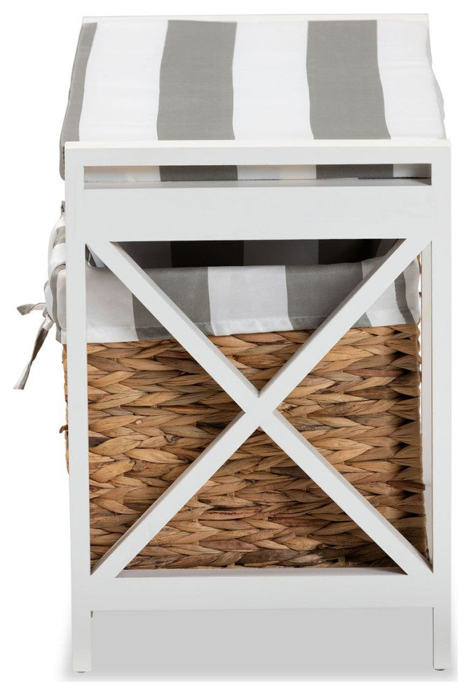 Abarne Grey and White Fabric and White Finished Wood Storage Bench with Baskets