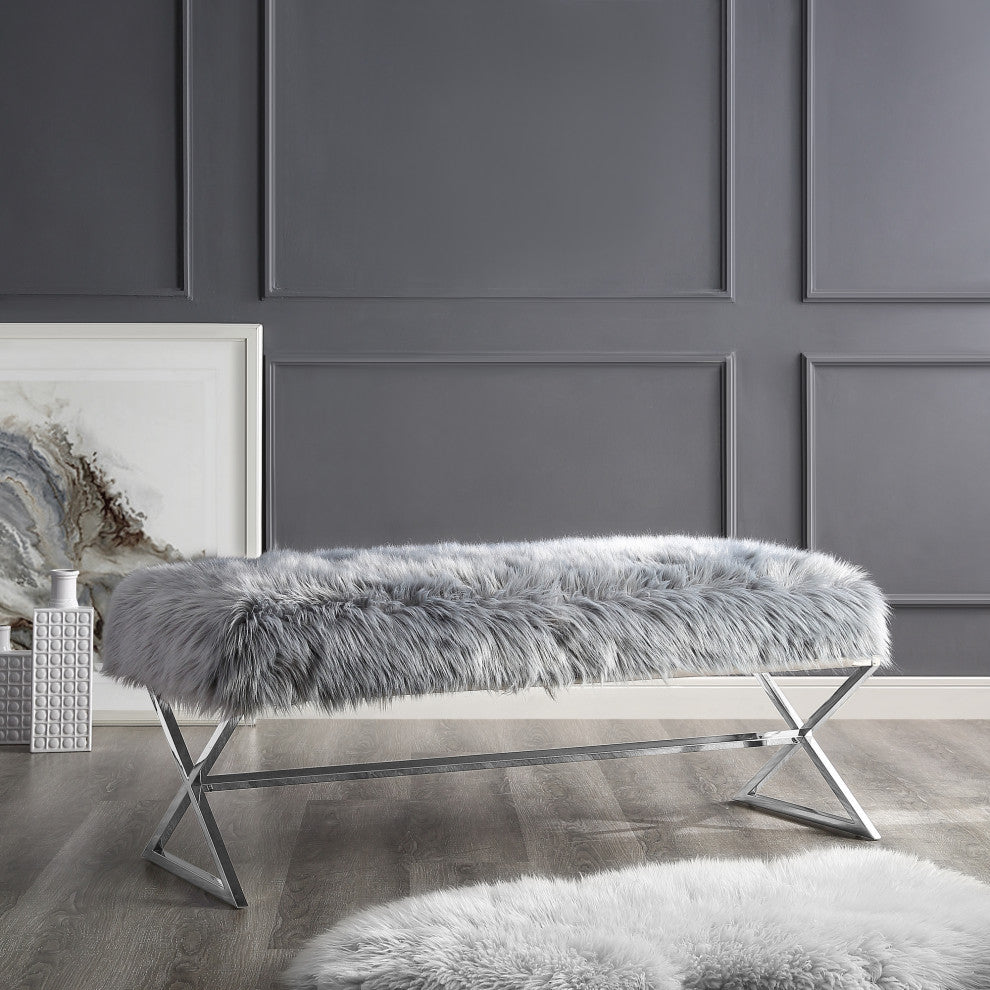 Oria Faux Fur X-Leg Base Bench, Gray and Chrome