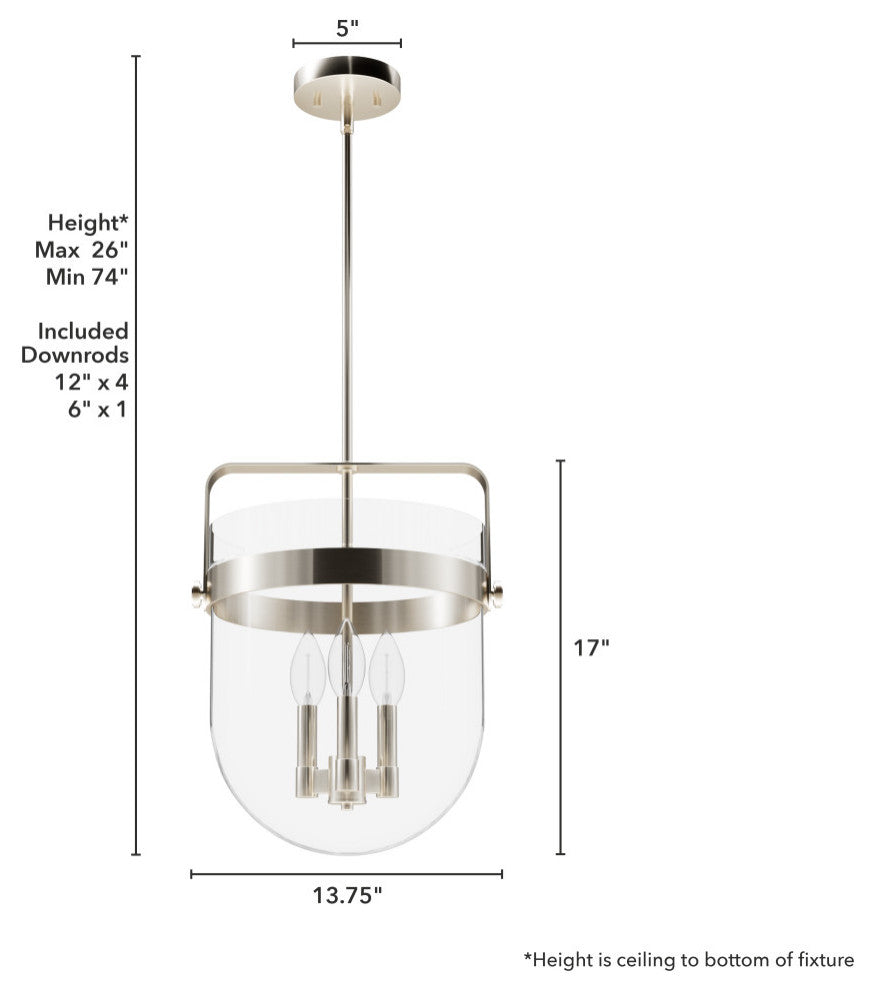 Karloff Brushed Nickel, Clear Glass 3 Light Pendant Ceiling Light
