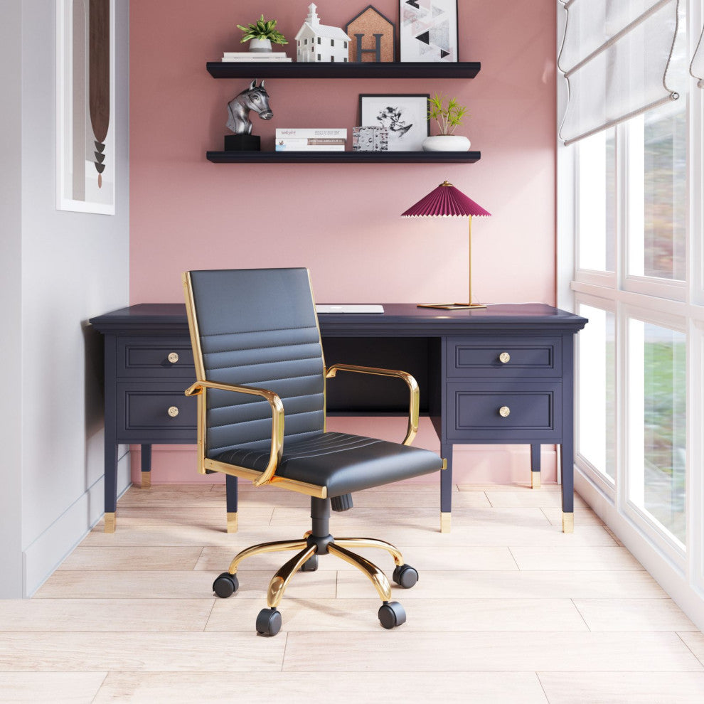 Computer Chair, Faux Vinyl Leather, Steel, Black, Gold, Home Business Office