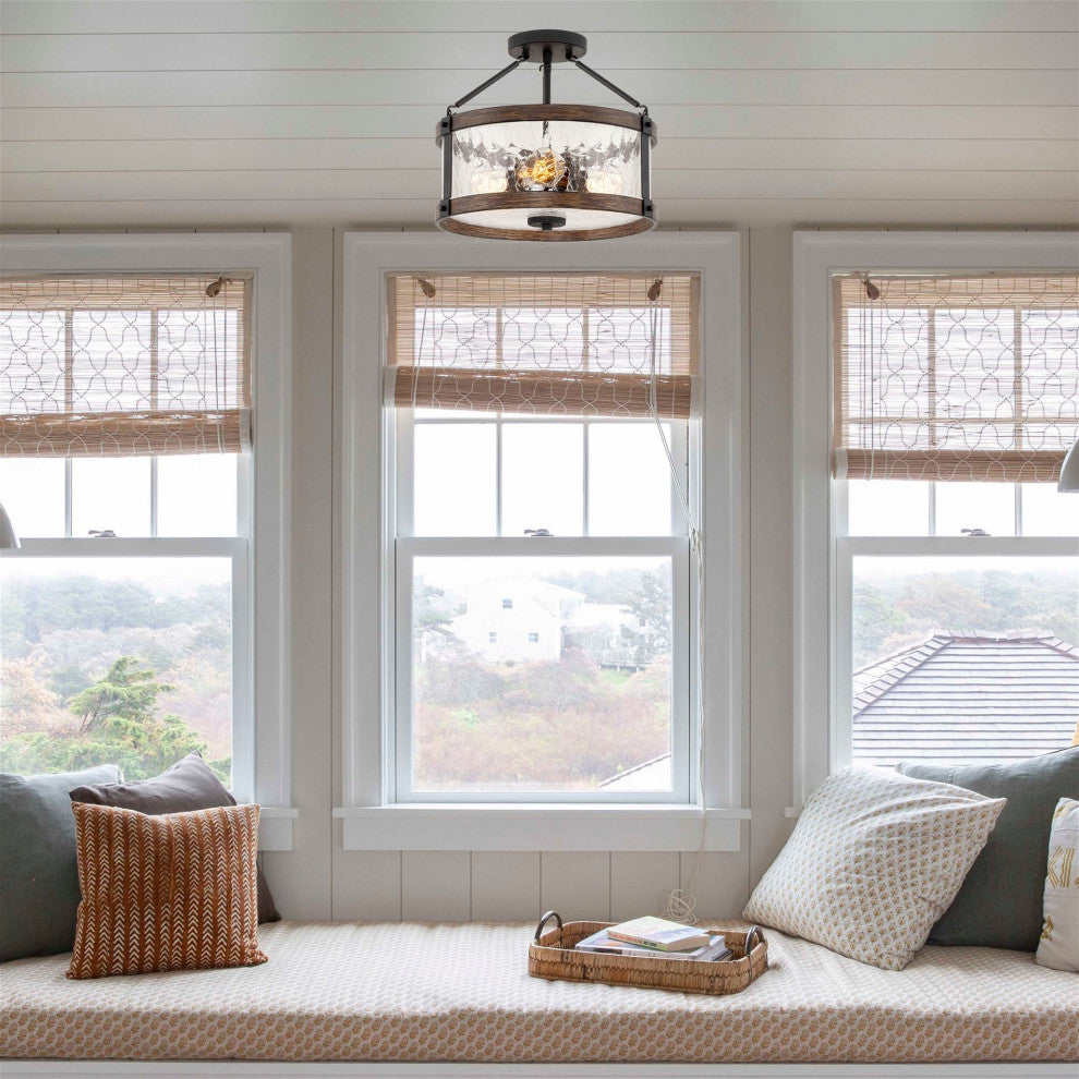 Kira Home Hadley 14" Farmhouse / Hall Light Ceiling, Crackled Glass Shade, Wood