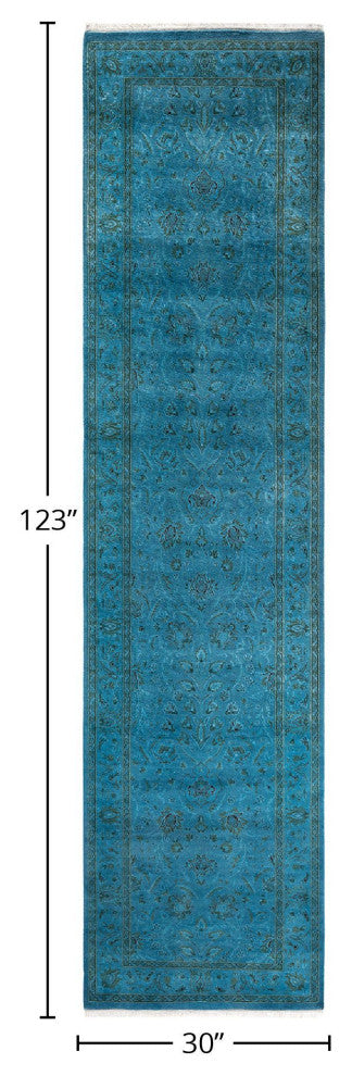 Fine Vibrance, One-of-a-Kind Hand-Knotted Runner Rug Blue, 2'6"x10'3"