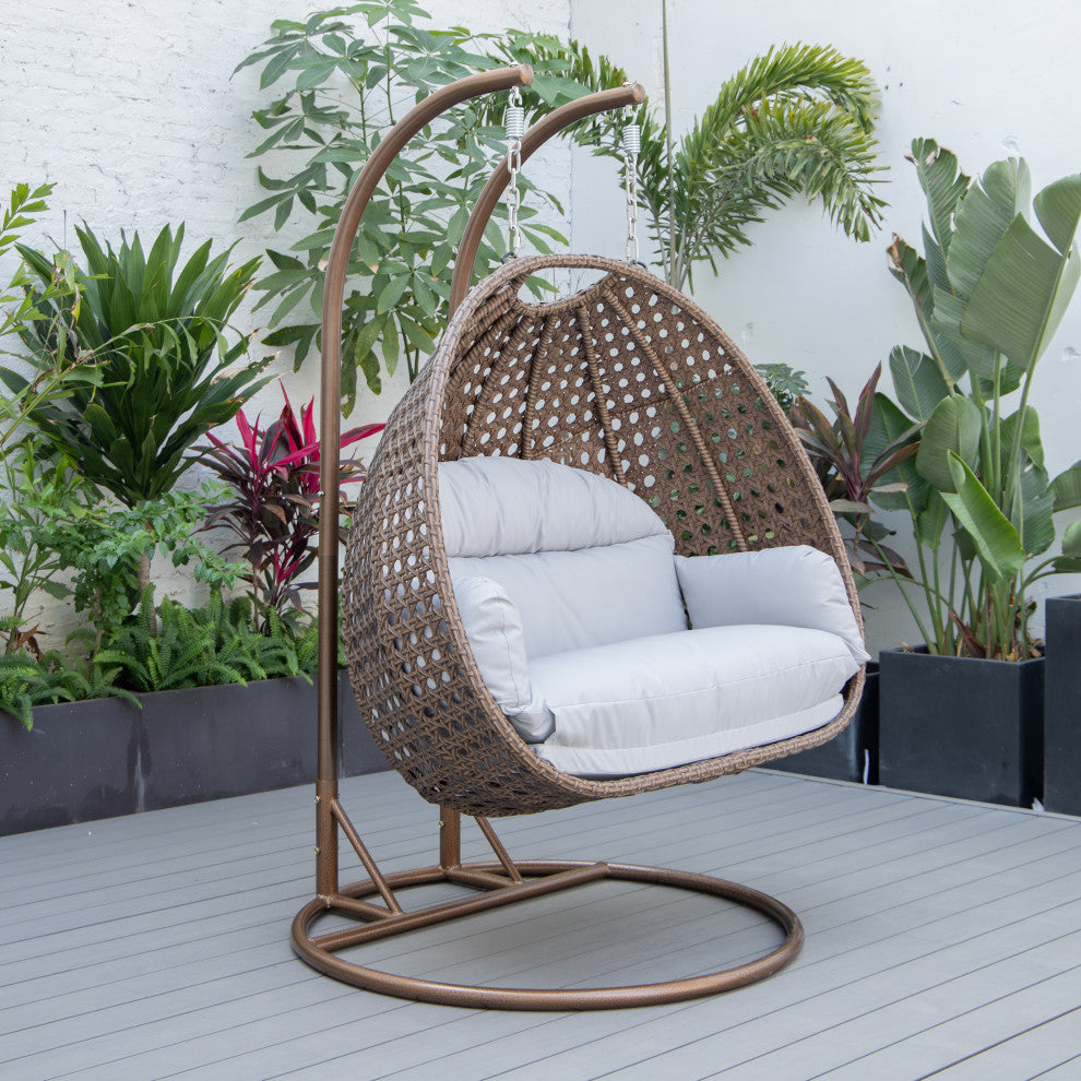 LeisureMod Mendoza Dark Brown Wicker Hanging Double Egg Swing Chair, Light Gray