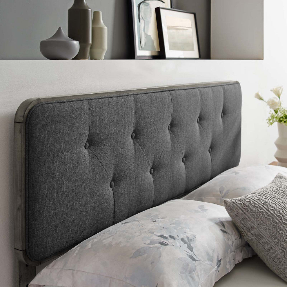Tufted Headboard, Twin Size, Wood, Fabric, Gray, Modern Mid-Century
