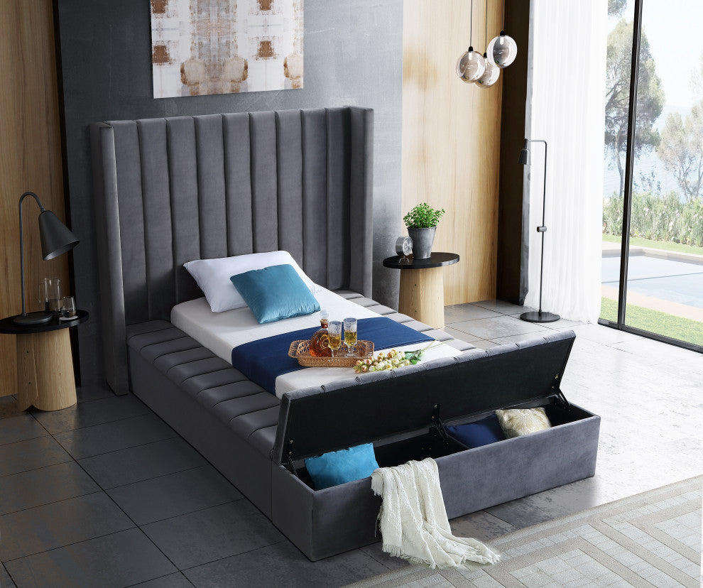 Kiki Velvet Bed, Gray, Twin