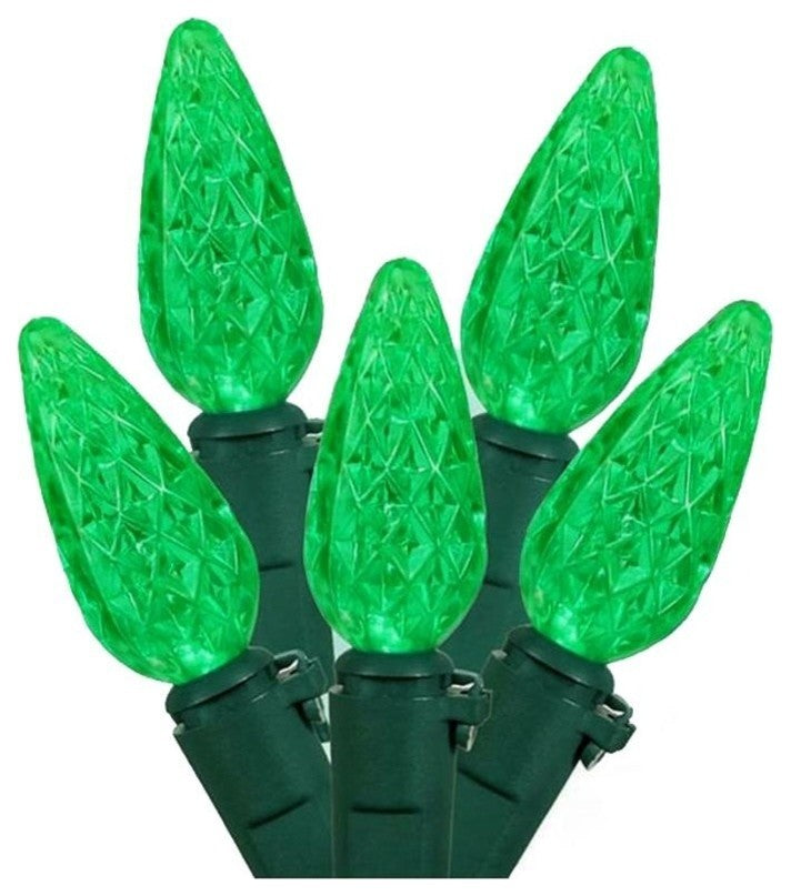 Faceted Green LED C6 Christmas Lights, Green Wire
