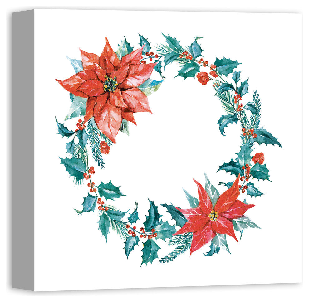 Holiday Poinsettia Wreath Canvas Wall Art, 16"x16"