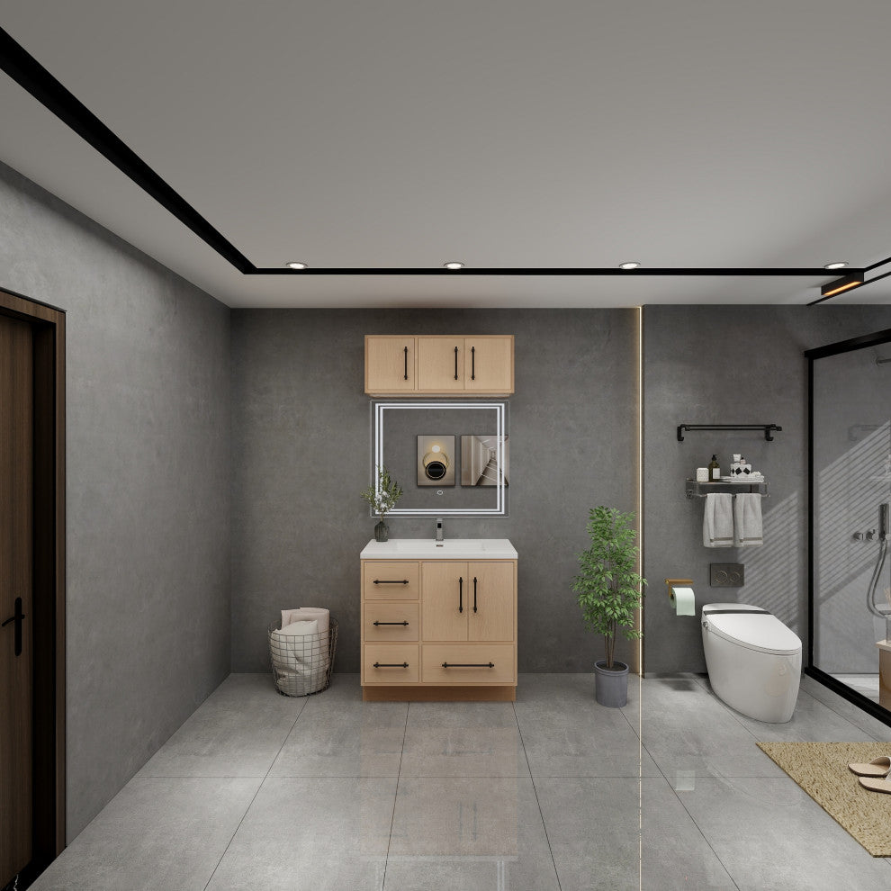 Victoria 36" Solid Wood Bath Vanity, Overhead Cabinet, Yellow Oak