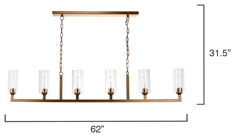 Linear 6 Light Chandelier, Antique Brass and Clear Glass