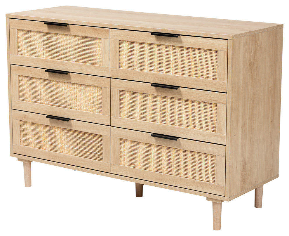 Harrison Natural Brown Finished Wood and Natural Rattan 6-Drawer Storage Cabinet