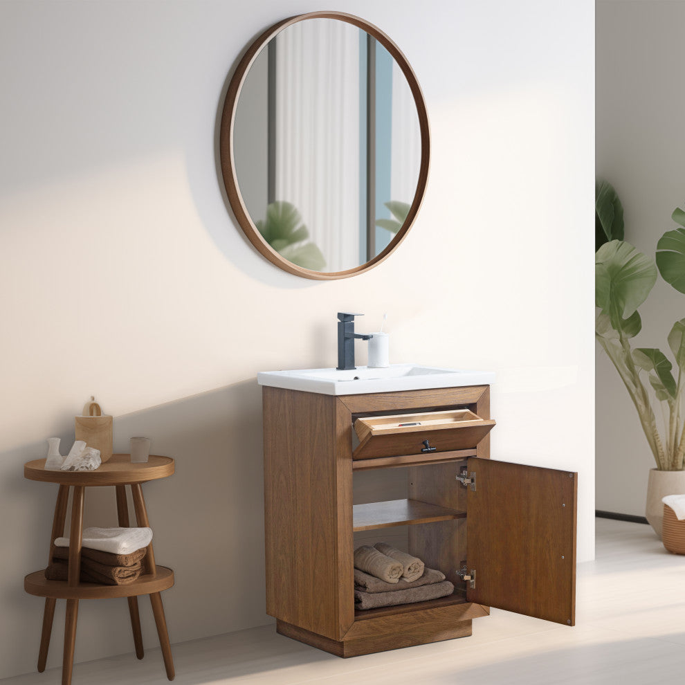 Vanity Art Bathroom Vanity With Sink, Tan, 24" Single, White Ceramic Top