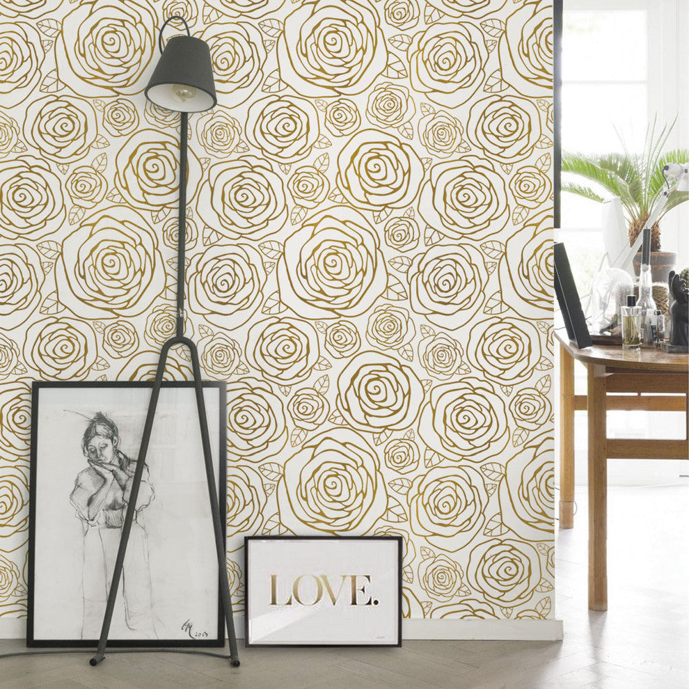 Gold Roses Peel and Stick Vinyl Wallpaper, 24"w X 60"h