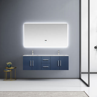 Geneva 60" Vanity, White Carrara Marble Top with 60" LED Mirror, Navy Blue