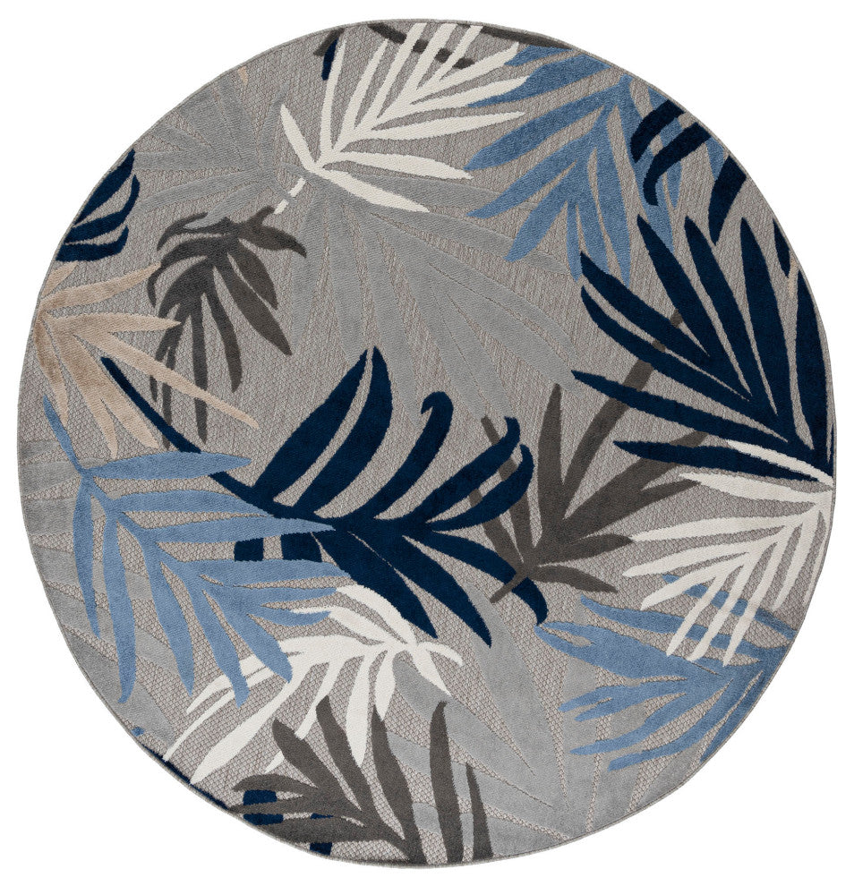 Oaks Modern Floral Area Rug, Blue & Gray, 5'3" Round