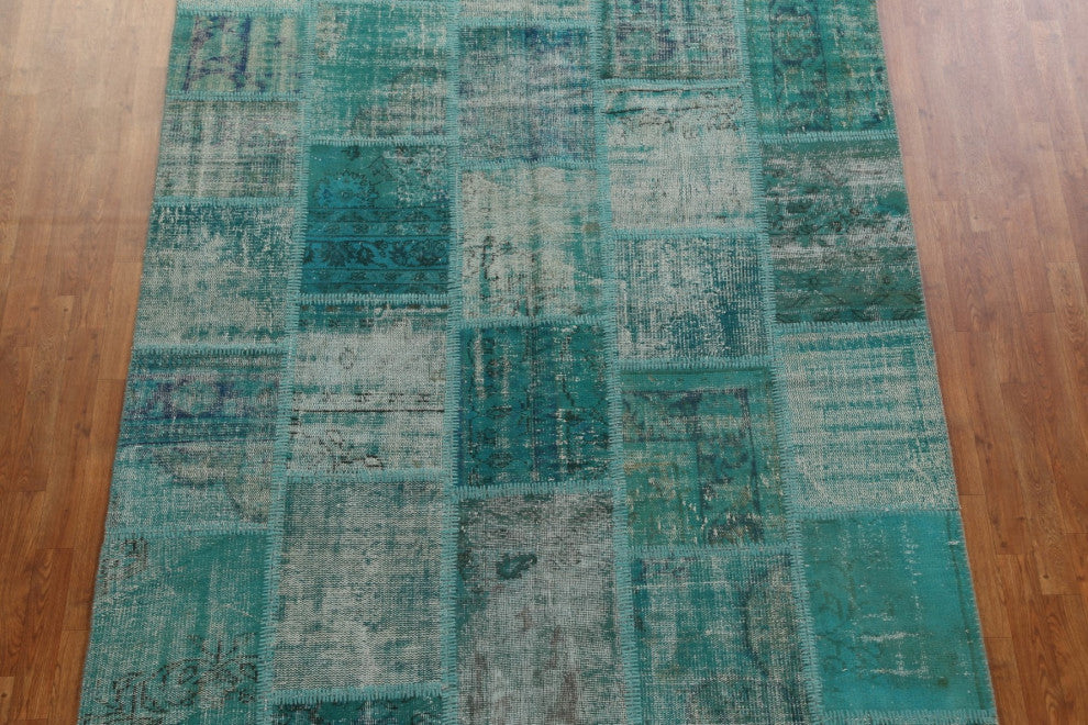 Green Over-dyed Patchwork Turkish Area Rug Hand-tufted Wool Carpet 7x10