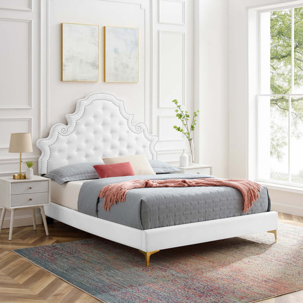 Tufted Platform Bed Frame, King Size, Velvet, White, Modern Contemporary