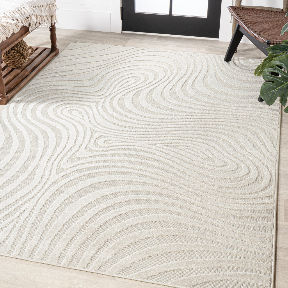 High-Low Groovy Striped Cream/Ivory 3 ft x 5 ft Indoor/Outdoor Area Rug