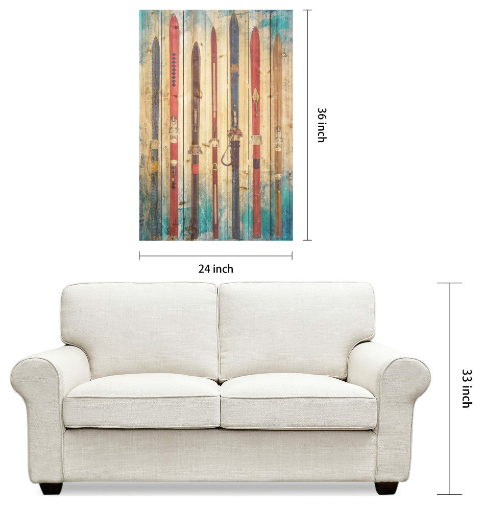 "Retro Skis" Colorful Wall Art Digital Print on Solid Wood, 36"x24"
