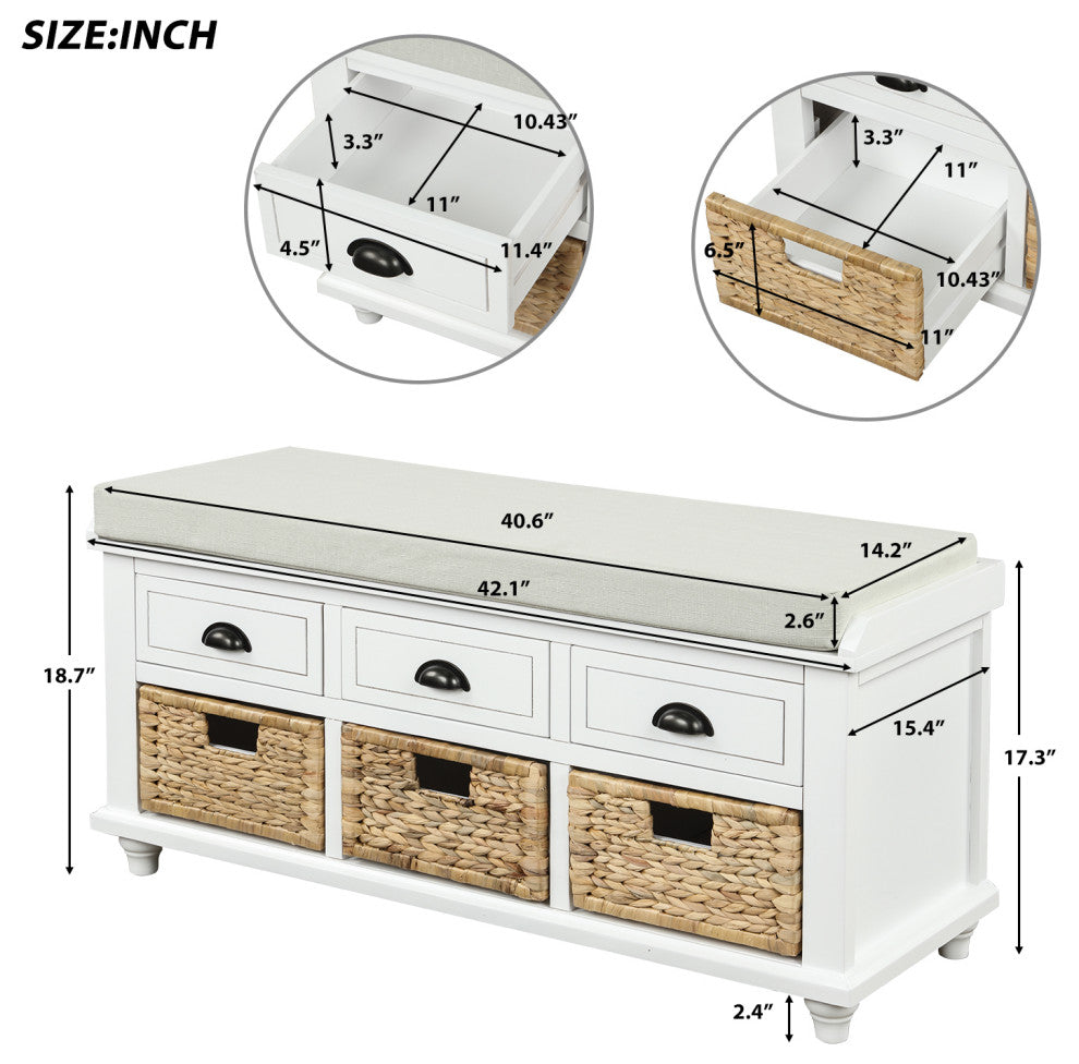 TATEUS 42" Rustic Storage Bench With 3 Drawers and 3 Rattan Baskets, White