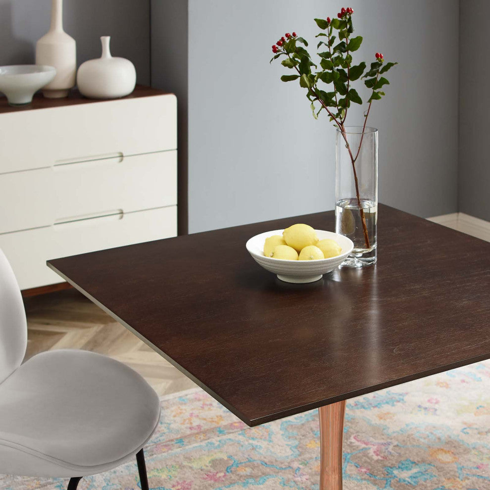 Dining Table, Square, Wood, Rose Gold Dark Brown Brown Walnut, Modern, Bistro