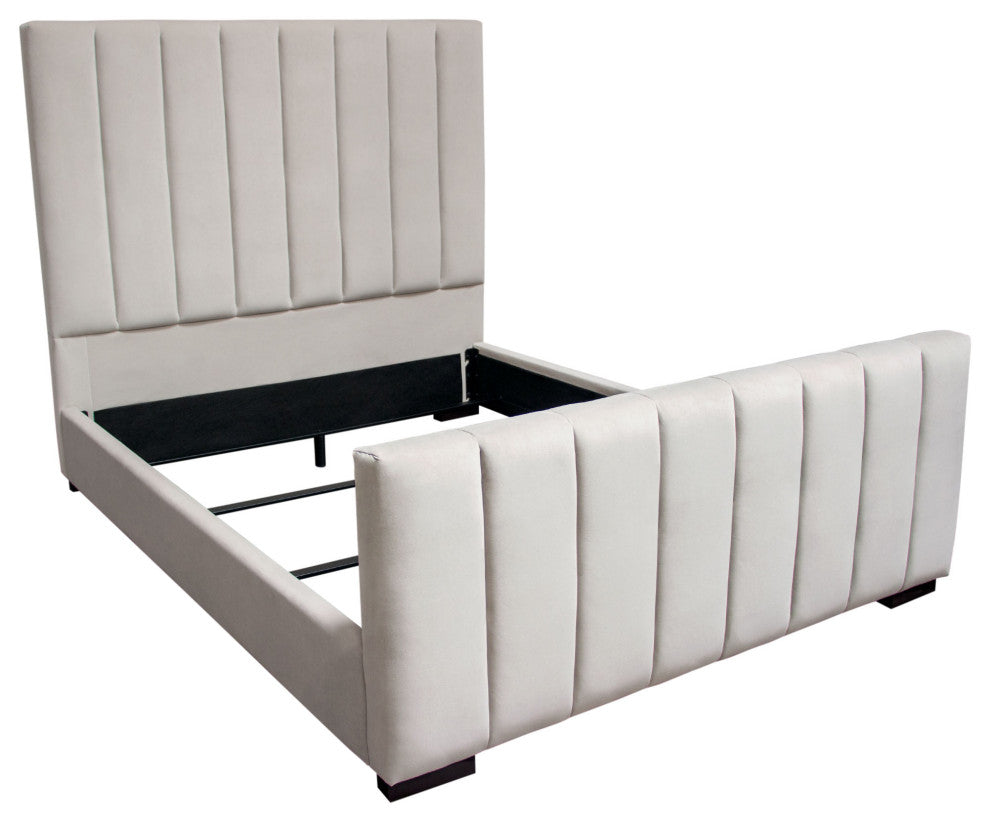 Venus Vertical Channel Tufted Queen Bed in Light Grey Velvet