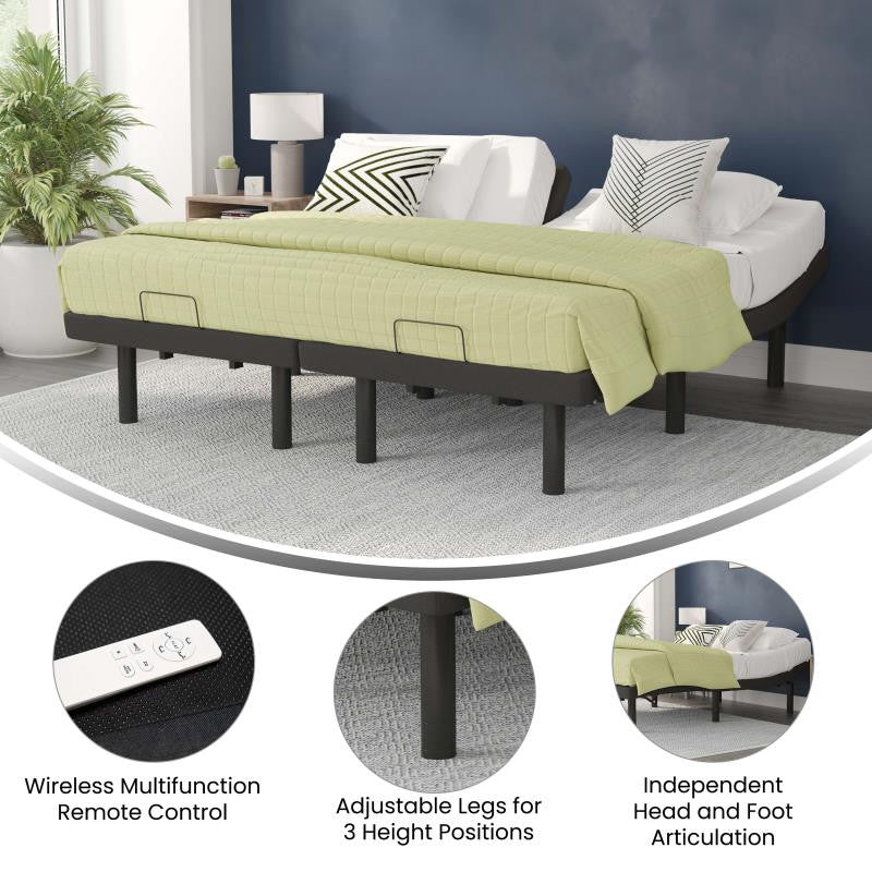 Selene Adjustable Upholstered Bed Base with Wireless Remote, Black, Split King