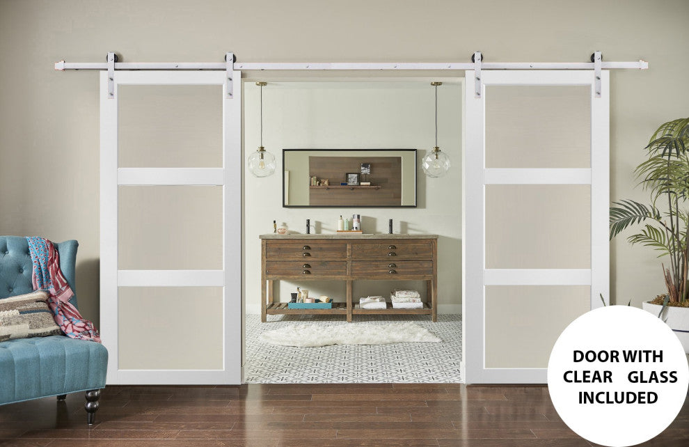 Double Barn Door 60 x 96 With Clear Glass, Lucia 2555 Matte White, Silver 13FT