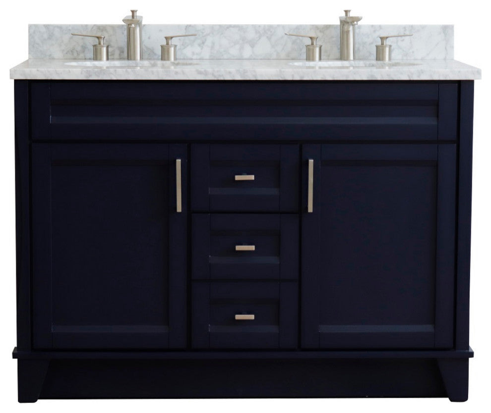 48" Double Sink Vanity, Blue Finish With White Carrara Marble And Oval Sink