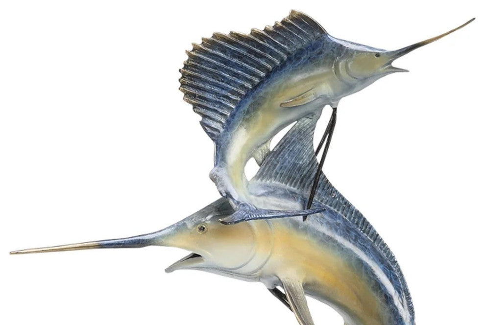 Hand Painted Marlin and Sailfish Statue 15 Inch Brass