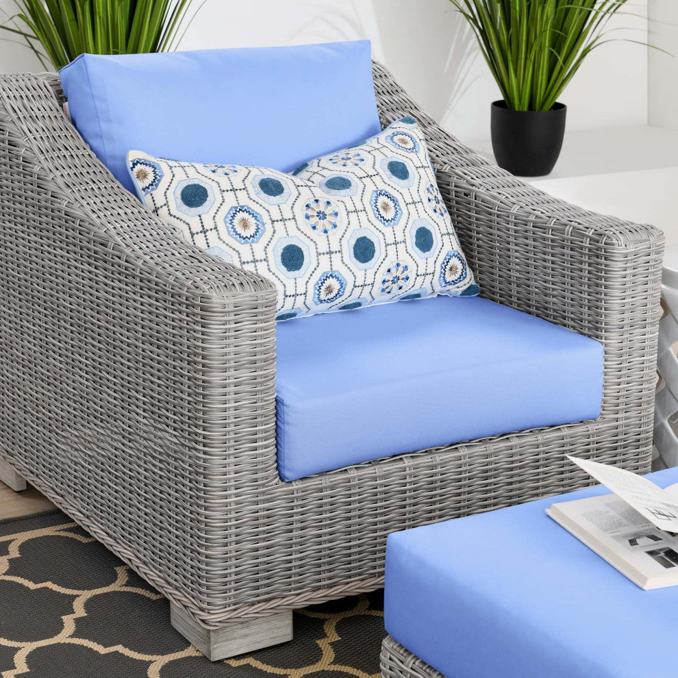 Side Chair Armchair and Ottoman, Rattan, Wicker, Gray Blue, Modern, Outdoor