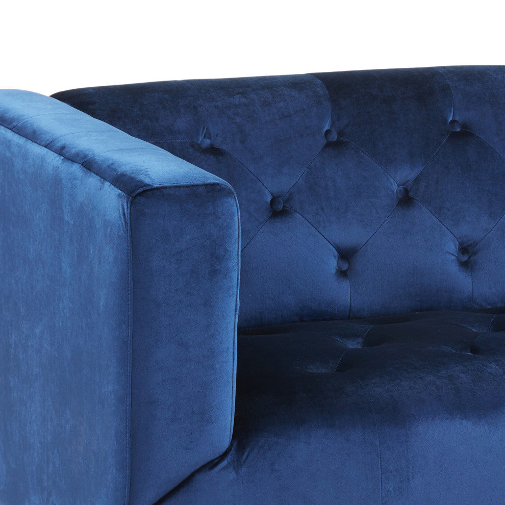 Admiral Contemporary Tufted 3-Seater Sofa, Midnight Blue/Espresso/Gold, Midnight Blue/Espresso/Gold
