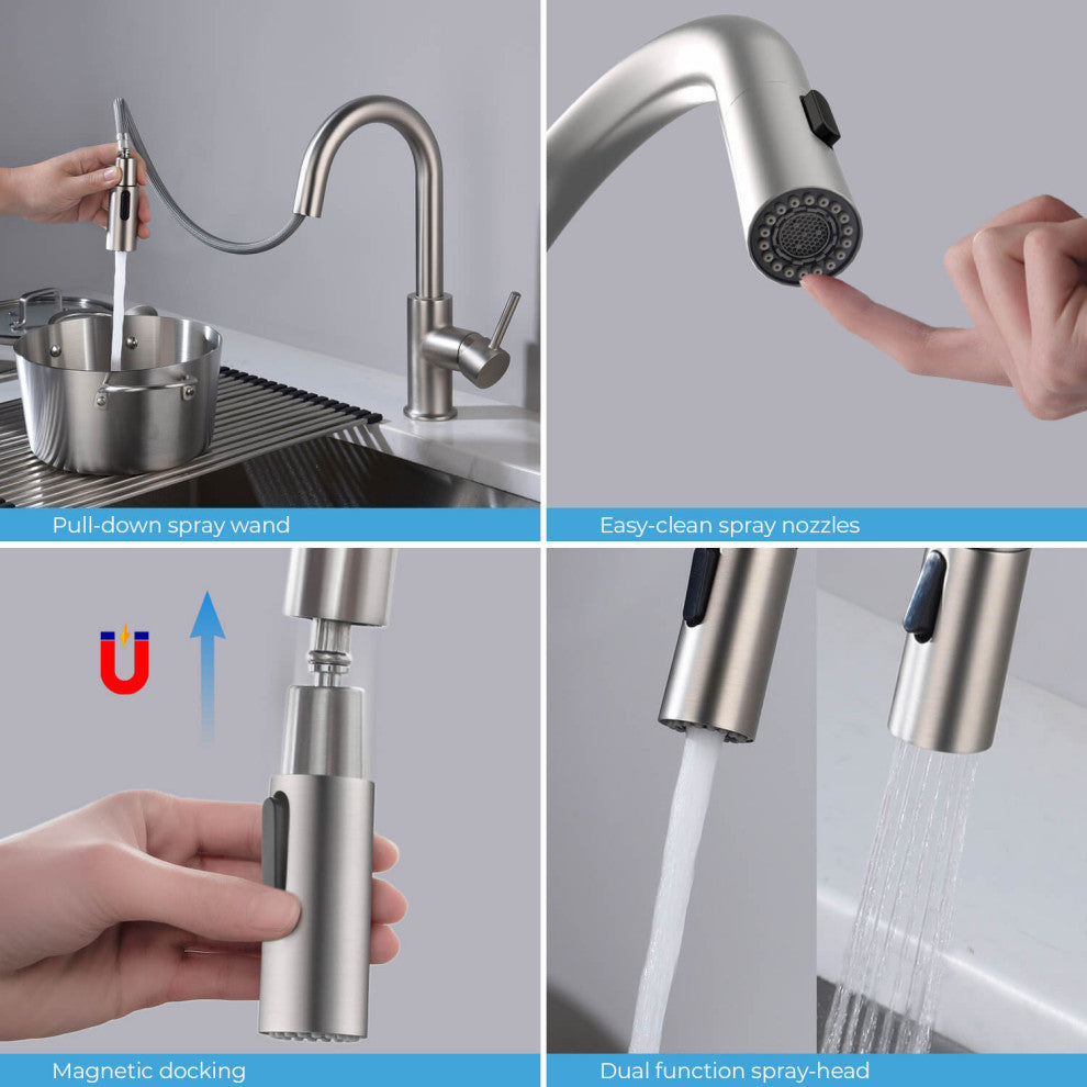 Luxe Single Handle Pull Down Kitchen & Bar Faucet, Brush Nickel W/ Soap Dispenser