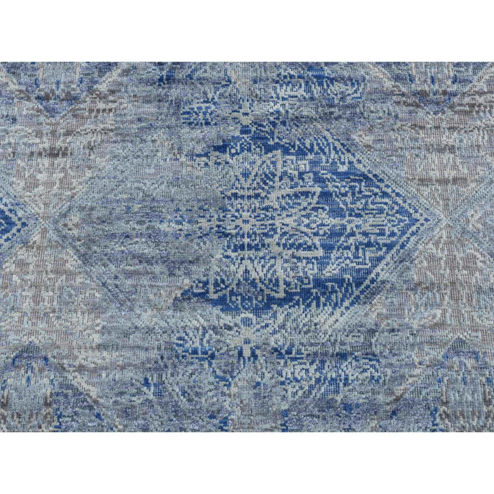 Blue Silk with Wool Erased Rosette Design Hand Knotted Runner Rug 2'6" x 6'