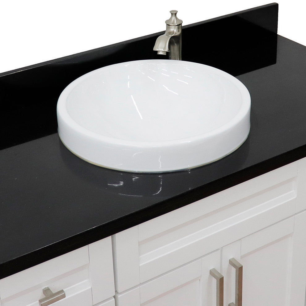 49" Single Sink Vanity, White Finish With Black Galaxy Granite And Round Sink